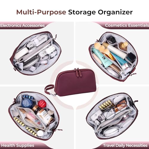 FYY Travel Cable Organizer - 8 Compartments, Lightweight, Water Repellent - color: Wine Red, size: (L) 9.6"× 5.5"× 3.7"