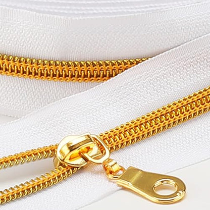 Sawoake 10 Yards Bulk Zipper(#5), White Nylon Coil Zipper with Gold Teeth by The Yards, Replacement Sewing Zipper with 10PCS Zipper Sliders for DIY Sewing Craft Bags(#5 Gold White) - color: Gold-White