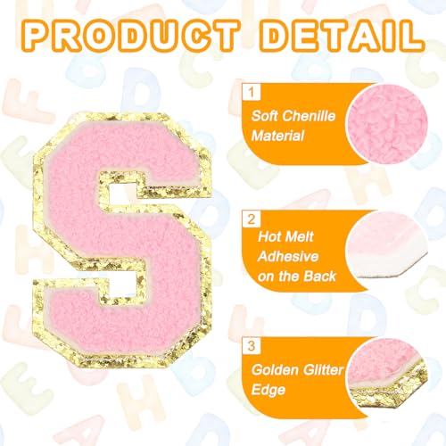 MECCANIXITY Chenille Letter Patches 3.1" Alphabet S Iron on Embroidered Patch Sew on Letter Stickers Applique for Repairing Clothing Jeans Shoes Hats DIY(Pink, Pack of 6) - style: Letter-S