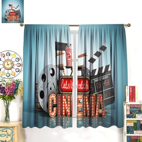 Movie Theater Kitchen Curtains, Old Fashion Entertainment Objects Related to Cinema Film Reel Motion Picture,Window Drapes Set 2 Panels,42x45 Inches - color: Movie Theater-7, size: 20.5"W x 45"L (Pack of 2)