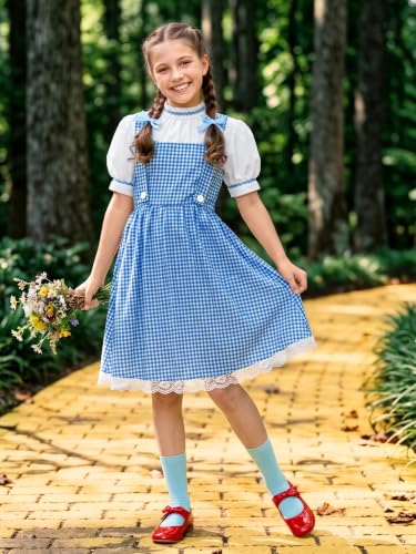 Girls Halloween Blue Gingham Costume | Multi-Piece Set, Book Character Style, Adjustable Front Straps, Puff-Sleeve Dress - color: White & Blue (4 Pcs), size: 6 Years