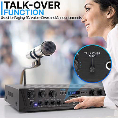 Pyle Home Audio Amplifier with Bluetooth - 6 Channel 600 Watt Peak Power, Karaoke with Echo, 2 Mic Input with Talkover, Headphone In, USB A MP3 Player with SD Reader - Home, Commercial, Worship - style: 6 Channel
