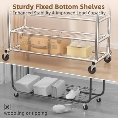 EAGMAK Heavy Duty Clothes Rack Load 688 LBS, Rolling Clothing Rack With 3 Shelves, Adjustable Metal Clothes Hanger with Wheels Portable Wardrobe Organizer Garment Rod for Hanging Clothes (Silver) - color: Silver, style: 3 Shelves