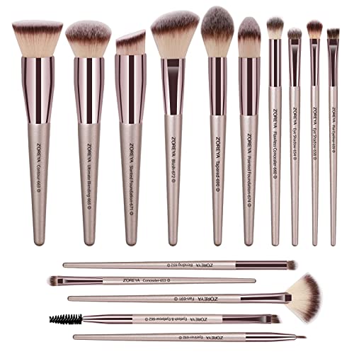 ZOREYA Makeup Brushes, 15 Pcs Professional Premium Synthetic Brush Set, Foundation Concealer Eyeshadow Blush Makeup Brush Set (Champagne Gold) - color: Champagne Gold