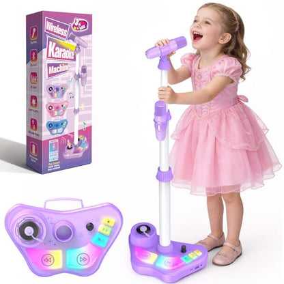Stand Karaoke Machine for Kids, Singing Toys Gifts for 3 4 5 6 7 8 Year Old Girls Boys, Rechargeable Kid Microphone Bluetooth Speaker with 2 Wireless Mic for Girl Age 4-6 Toddler Birthday Party Toy - color: Purple