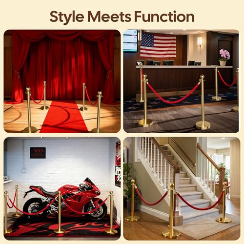 12 Pcs Gold Stanchions and Velvet Ropes Set, Stainless Steel Crowd Control Barriers, 8Pcs Red Carpet Ropes and Poles for Party Supplies,360 Photobooth,Prom,Birthday,Business,Wedding,Museums (2package) - color: Gold, size: 12pcs