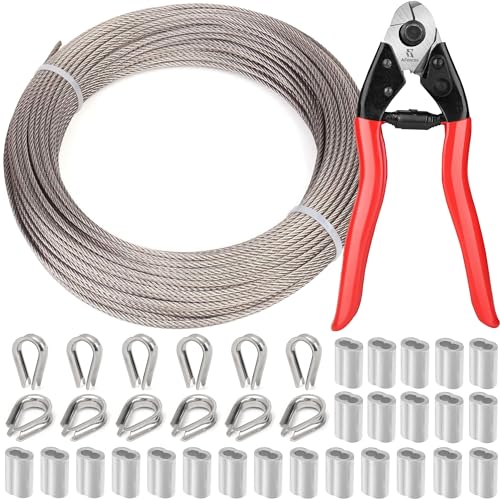 1/8" Wire Rope | 165FT Stainless Steel Cable with Cable Cutter | 7x7 Strand Core for Railing, Hanging, Garden Wire - color: 165FT Steel Cable Kit