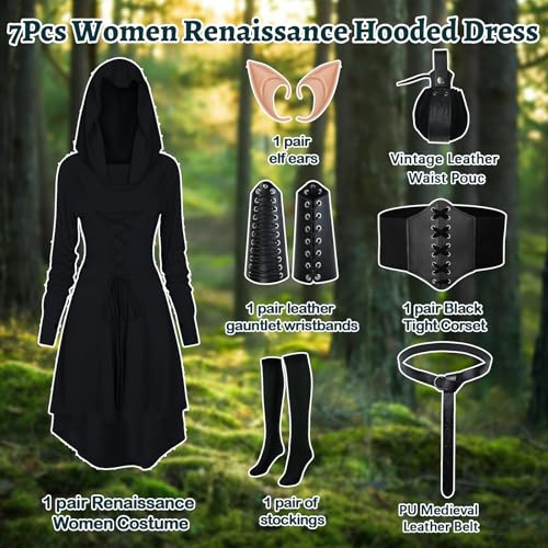 HODBLKT 7PCS Women Renaissance Fairy Costume Medieval Elf Dress Halloween - color: Black, size: X-Small