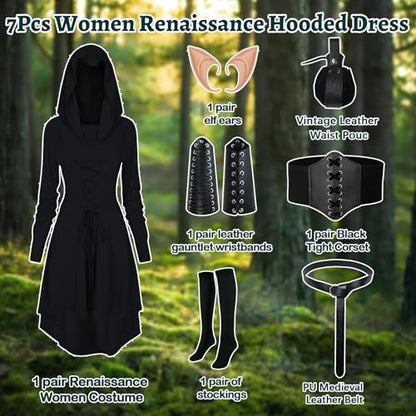 HODBLKT 7PCS Women Renaissance Fairy Costume Medieval Elf Dress Halloween - color: Black, size: Medium