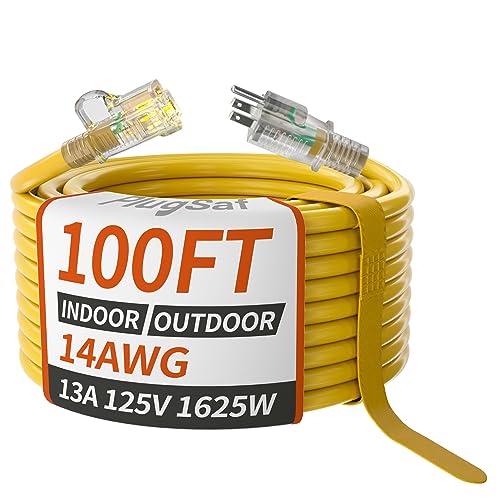 PlugSaf 14/3 AWG 100 FT Extension Cord, Heavy Duty Extension Cord, Yellow - color: Yellow, size: 100FT
