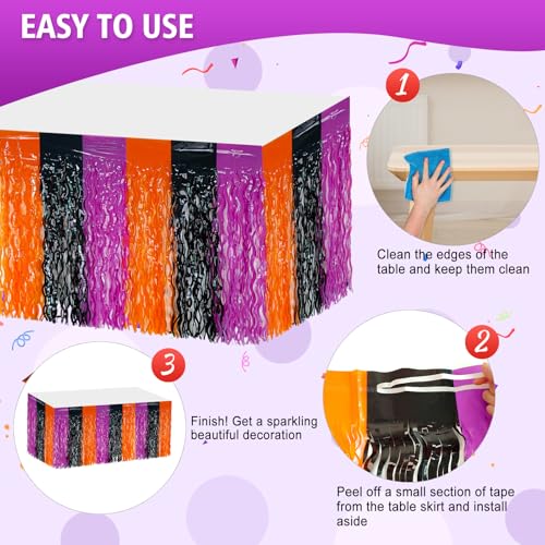 2 Pack 29.5x108 Inch Foil Tinsel Fringe Table Skirts, Disposable Table Skirts for Rectangle Tables Curtains Backdrop Parade Wedding Floats Baby Shower Party (Black, Orange, Purple) - color: Black, Orange, Purple