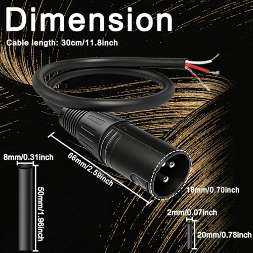 2 PCS 3 Pin XLR Male Pigtail Bare Wire Connector Microphone Cable OFC Conductor Low Noise Shielding PVC Jacket with Heat Shrink Tube for Audio Mixer DMX Lighting (30cm/11.8inch)