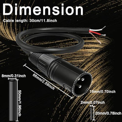 2 PCS 3 Pin XLR Male Pigtail Bare Wire Connector Microphone Cable OFC Conductor Low Noise Shielding PVC Jacket with Heat Shrink Tube for Audio Mixer DMX Lighting (30cm/11.8inch)