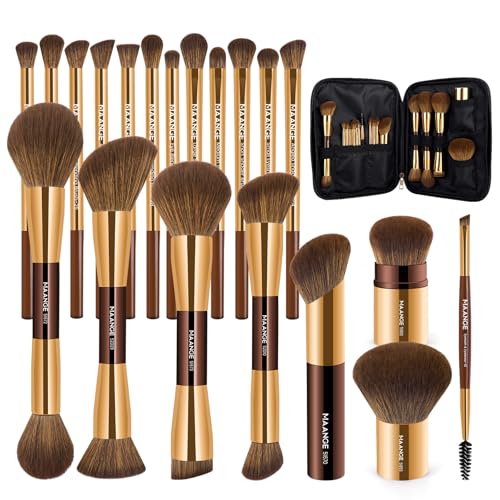 MAANGE 20 PCS Makeup Brush Set, Double-ended Kabuki Brush Foundation Contour Brush for Liquid Powder Concealer Eye Shadows Cream Cosmetics Blending Blush Face Makeup Tools with Case (Coffee Gold) - color: Coffee Gold