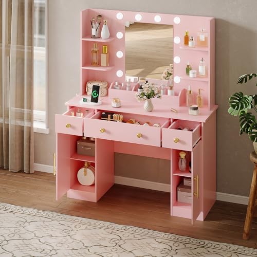 HUANLEGO Vanity Desk with Mirror and Lights, Makeup Vanity with Mirror and LED Lights & Power Outlet, 3 Drawers and Cabinets, 3 Lighting Modes Dressing Table Set for Girls Women Bedroom,Pink - size: 43.7x15.7x57.6 in, style: Pink