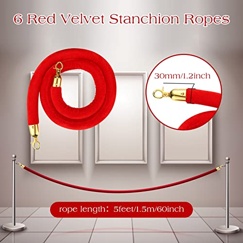 Nuogo 6 Pcs Velvet Stanchion Rope Red Carpet Party Decorations 5ft | Velvet Ropes, Crowd Control, Gold Hook, Safety Barrier, Event Movie Theaters Grand Opening Hotel Weddings - color: Red