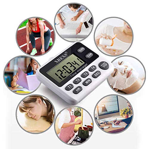 XREXS 4 Channel Digital Kitchen Timer Clock with Large LCD Display | 4 Groups Simultaneous Timing Countdown Up Pocket Timer, Magnetic Attachable (Battery Included)