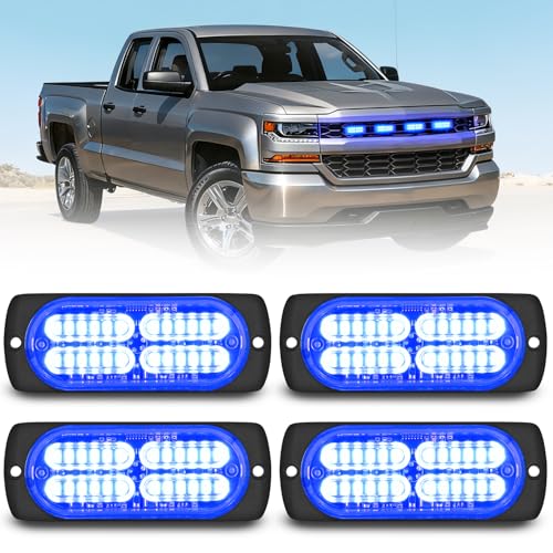 Nilight 4PCS 24LED Blue Strobe Light 12V/24V Grille Surface Mount | Hazard Safety Warning Light with Sync Feature for Car Truck Camper Side Marker Aluminum Alloy Base Emergency Lights - color: Blue