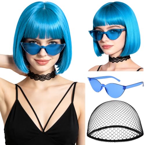 Short Bob Straight Hair Wigs with Bangs, Heat Resistant Fiber Hair, Cat Eye Glasses for Women (Sky Blue) - color: Sky Blue