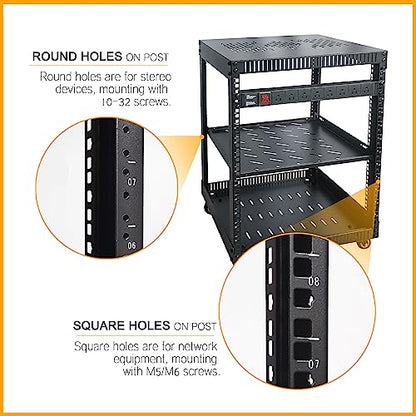 RIVECO 12U Network Rack with Reinforced Top Cover - 4 Post Floor Rack on Wheels for 19" Equipment & Stereo Gear- Including Rack Mount Power Strip & 1PCS 1U Rack Shelf - size: 12U