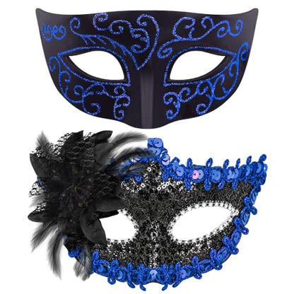 SIQUK Couple Masquerade Masks Set Venetian Party Mask Costume Mask - color: Black & Blue Sequins