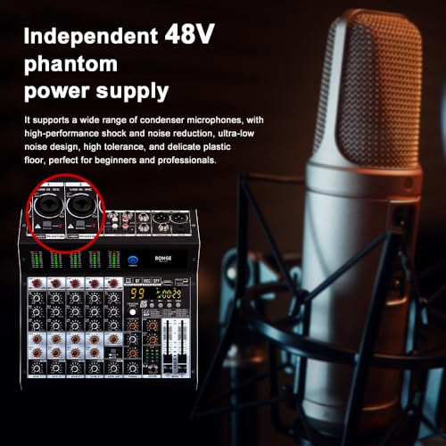 BOMGE Professional audio mixer 6 Channel Mixing Console with 99 DSP Effect,+48V Phantom, Bluetooth,USB Interface.2 AUX.FX Processor for studio recording & Live Performances
