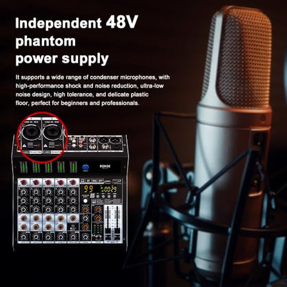 BOMGE Professional audio mixer 6 Channel Mixing Console with 99 DSP Effect,+48V Phantom, Bluetooth,USB Interface.2 AUX.FX Processor for studio recording & Live Performances