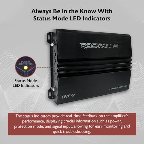 Rockville RVF-2 4-Channel Car Amplifier, 1200W Peak/300W RMS, Class-AB, MOSFET, Adjustable Crossover, Bass EQ, Perfect for Subwoofers and Car Audio | MOSFET Power Supply, Adjustable Crossover, 12dB Bass EQ, IC Protection, Soft Start, 2 Ohm Stable, LP/HP F