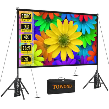 TOWOND Projector Screen with Stand,120 inches Indoor Projector Screen Outdoor Portable 16:9 4K HD Rear Front Projection Movie Screen with Carry Bag Wrinkle-Free Design for Backyard Theater