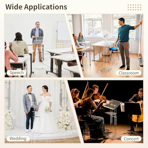 Acrylic Podium Stand Portable, Rolling Podium with Wheels, Clear Podium with Storage Shelf, Lockable Wheels for Churches, Classroom, Weddings, Speech (Adjustable Size, 37.8-47.2 inches Tall) | 37.8–47.2 in height range, tilting top, storage shelf and lock