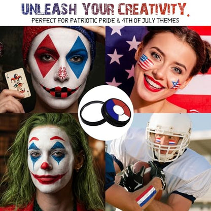 BOBISUKA Red White Blue Cream Face & Body Paint Palette Kit with 3 Brushes 3 Sponges, Highly Pigmented Easy to Blend Long Lasting Makeup for Patriotic Pride, 4th of July, USA Flag, Independence Day - color: 08 4th of July