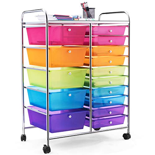 HAPPYGRILL 15-Drawer Rolling Cart, Storage Carts with Removable Drawers & Steel Frame, Utility Cart on Lockable Wheels for Home, School, Office,Colorful - color: Clear Colorful, size: 15 Drawer