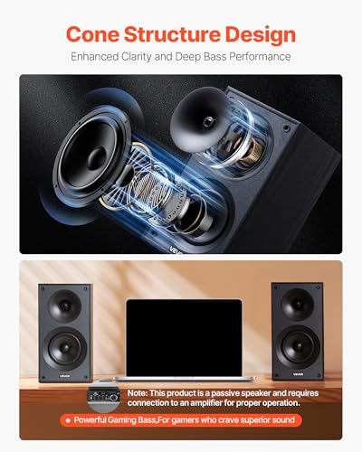 VEVOR Passive Bookshelf Speaker, 300W, Book Shelf Stereo Speakers with 5.25-Inch Woofer and 1-Inch Tweeter, Detachable Grille, 65Hz-20KHz Frequency Response, Wooden Enclosure,for Home Theater (1 Pair) - size: 5.25 Inch, style: Passive Bookshelf Speakers