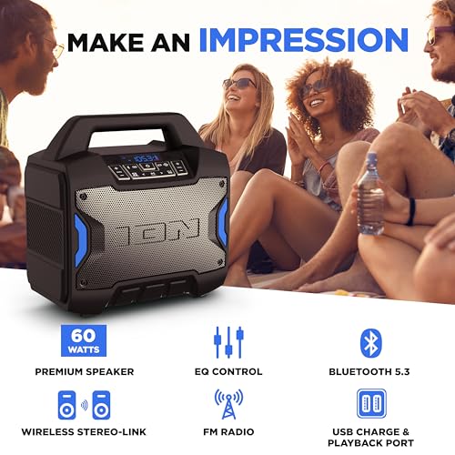 ION Tailgater Boom 60W Portable Bluetooth Outdoor Speaker | Water Resistant, Radio, Mic Input, USB Charging, Stereo Linking, Bass Boost and App Control, for Parties and Outdoor Events - style: 60W water-resistant