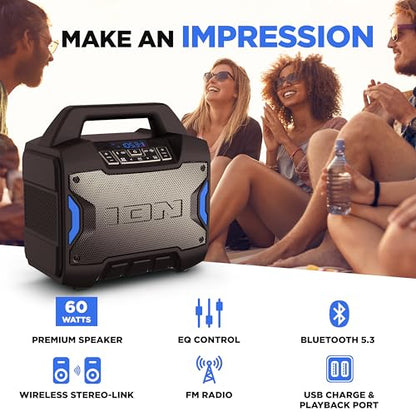 ION Tailgater Boom 60W Portable Bluetooth Outdoor Speaker | Water Resistant, Radio, Mic Input, USB Charging, Stereo Linking, Bass Boost and App Control, for Parties and Outdoor Events - style: 60W water-resistant