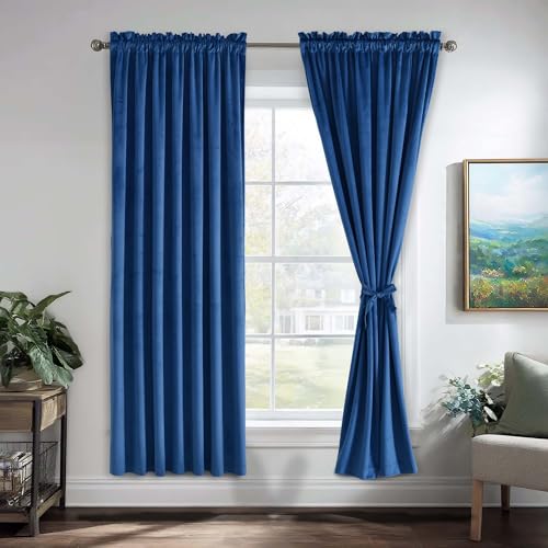 JIUZHEN Blue Velvet Blackout Curtains 42W x 63L 2 Panels with Tiebacks - color: Blue, size: 42"W x 63"L (Pack of 2)