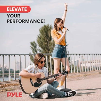 Pyle Adjustable Height Microphone Stand, 36.2" - 63.7” Inches Universal Mic Holder, Compact Design, Sturdy and Lightweight, Ideal for Studio and Concerts, With Mic Clip, Rubber Base (Black)