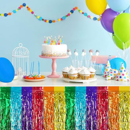 2 Pack 29.5x108 Inch Foil Tinsel Fringe Table Skirts, Disposable Table Skirts for Rectangle Tables Curtains Backdrop Parade Wedding Floats Baby Shower Party (Rainbow Colors) - color: Rainbow Colors