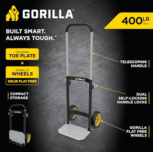 Gorilla Heavy Duty Steel Hand Truck, 400 lb. Capacity, Telescoping Handle | Steel hand truck with a telescoping handle for homeowners and small business owners moving boxes, appliances and equipment.