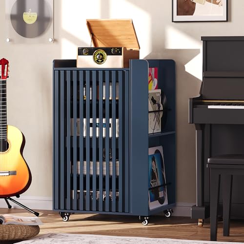 Rolling Media Cabinet with Side Vinyl Record Storage, 5-Tier Large Stereo Cabinet with Door and Cable Management, Audio Video Shelf for Living Room Gaming Room Music Room (Blue) - color: Blue