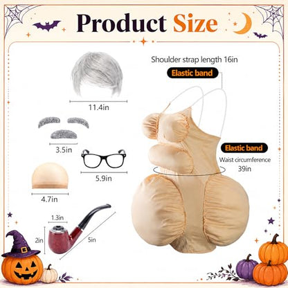 7 Pcs Halloween Fat Old Man Costume, Fake Belly and Chest Fat Suit