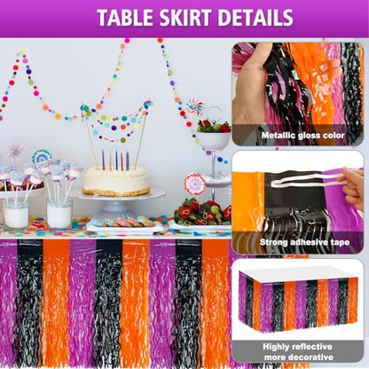 2 Pack 29.5x108 Inch Foil Tinsel Fringe Table Skirts, Disposable Table Skirts for Rectangle Tables Curtains Backdrop Parade Wedding Floats Baby Shower Party (Black, Orange, Purple) - color: Black, Orange, Purple