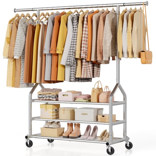 EAGMAK Heavy Duty Clothes Rack Load 688 LBS, Rolling Clothing Rack With 3 Shelves, Adjustable Metal Clothes Hanger with Wheels Portable Wardrobe Organizer Garment Rod for Hanging Clothes (Silver) - color: Silver, style: 3 Shelves