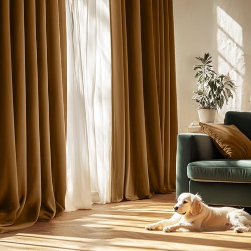 MIULEE Golden Brown Velvet Curtains 84 Inch Long 300GSM, 2 Panels | Luxury Super Soft, Thermal Insulated, Room Darkening Drapes, Rod Pocket Design, Window Curtains for Bedroom Living Room - color: Golden Brown, size: 40"W x 84"L (Pack of 2)