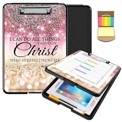 Clipboard with Storage,Heavy Duty Clip Boards 8.5X11 with Storage Pen Holder,Plastic Nursing Clipboards Foldable, A4 Legal Size Coaches Nurse Clipboard Folder Case- I can do All Things Through Christ - color: Bible Verse Christ Quotes