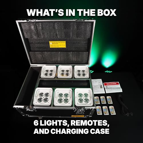 Rockville Wet PAR WC Package Black 18W RGBWA+UV Par Wash Lights, Wireless Charging Case, IP65 Water-Resistant, App-Controlled, for DJ Events and Venues (6 Lights) | 10-12 Hour Battery, IP65 Waterproof, RGBWA+UV, Wireless DMX, App Control, 6 IR Remotes, Tr