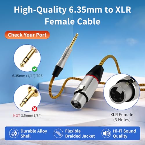 Balanced XLR to 1/4 Inch TRS Audio Cable, Pro Patch Cord for Studio Mixers & Monitors - XLR Female to 6.35mm, 6ft Shielded - size: 6 Feet, style: XLR Female to 6.35mm