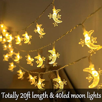 Fielegen 40 LED Moon String Lights Battery Operated 20ft Moon Mini Star Fairy Lights for Patio Garden,Wedding Garden Decoration,Party Festival Lights, Ramadan Decorations Light