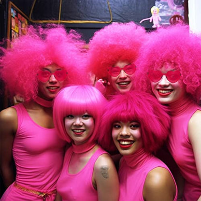 LIULIUBTY Short Bob Hair Wigs Straight with Flat Bangs Synthetic Colorful Cosplay Daily Party Neon Wig for Women + Free Wig Cap 12" Natural As Real (Afro, Hot Pink) - color: Afro, Hot Pink