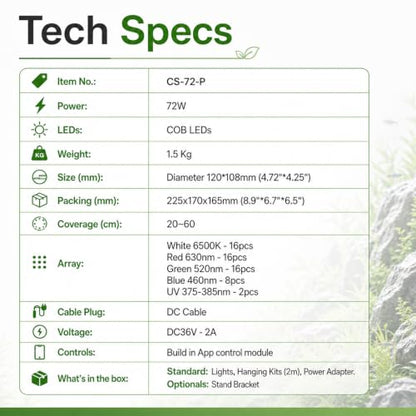 FZONE AXON 72W Aquarium Light WRGB Full Spectrum, APP Controlled LED Plant Light with Sunrise/Sunset, Freshwater Fish Tank Light for Planted Aquariums (Hanging Kit) - color: Green